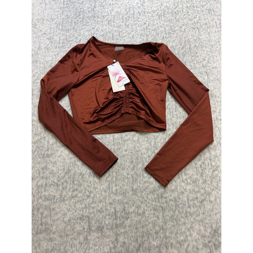 Calia Womens XL Ruched Rash Guard Swim Top Copper Shine UPF 50+ WSA34801SSP25